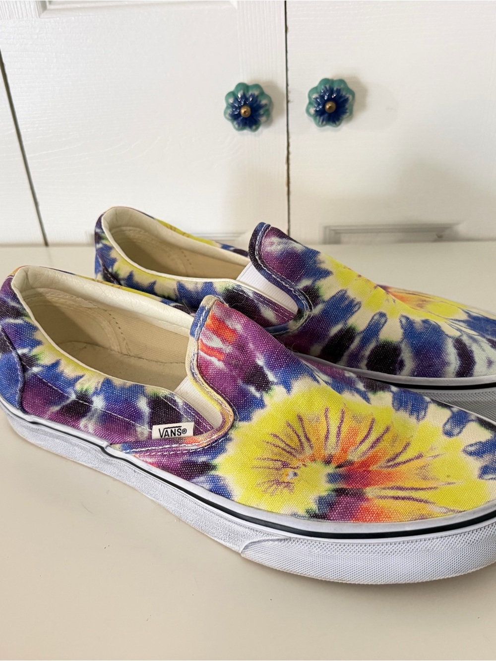 Vans Tie-Dye Slip-On Sneakers in Yellow, Purple & Blue